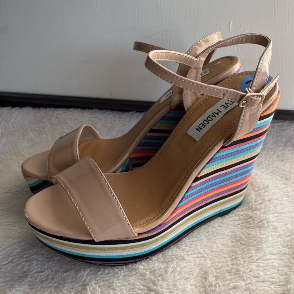 Steve Madden Sophia multicolor striped platform wedge sandals.